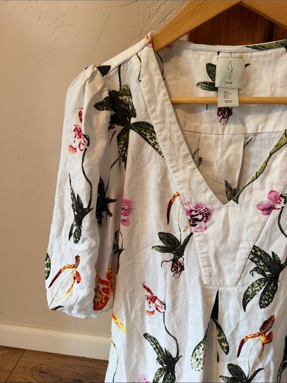 Joie Orchid Botanical Print Linen Puff Sleeve Dress Floral White Boho Size L - Picture 3 of 9